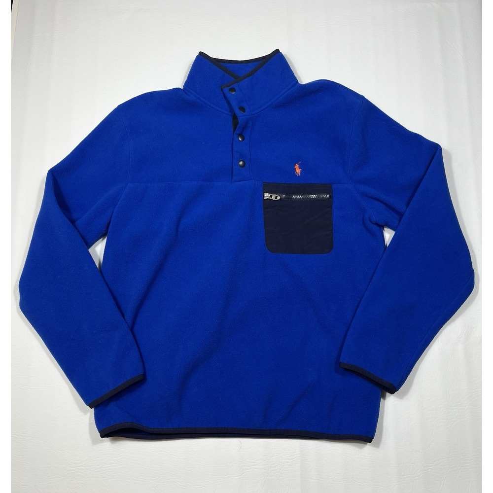 Polo Ralph Lauren Fleece Jacket Mens Medium Royal Blue 1/4 Snap Long Sleeve